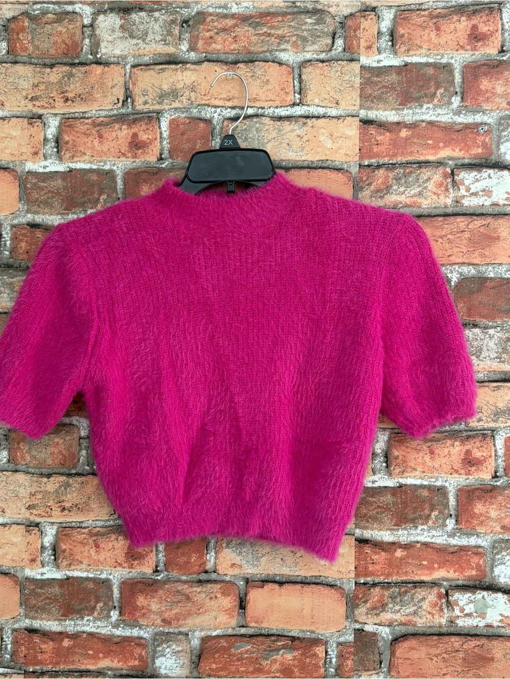 Cider Fuchsia Fuzzy Short-Sleeve Mock Neck Top
